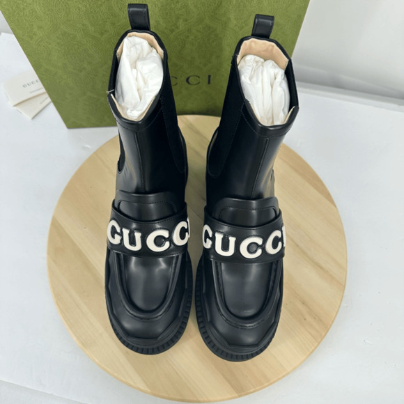 Gucci Women’s Ornella Leather Boots Logo Chunky Platform Chelsea US 8 Black NIB - Picture 4 of 15